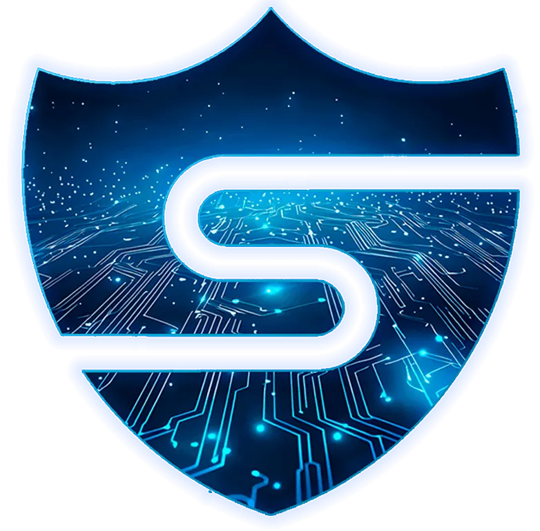 Escudo Security Self com a letra S sobre circuitos digitais